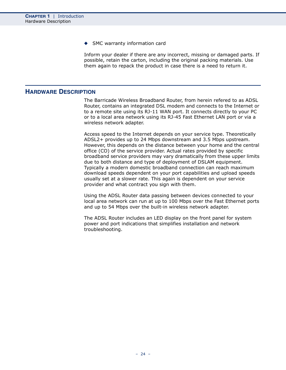 Hardware description | SMC Networks BARRICADE SMC7901WBRA2 B1 User Manual | Page 24 / 150