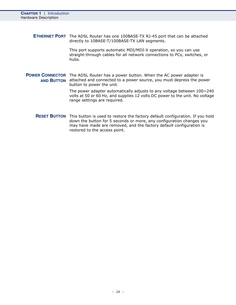 Ethernet port, Power connector and button, Reset button | SMC Networks BARRICADE SMC7901WBRA2 B1 User Manual | Page 28 / 150