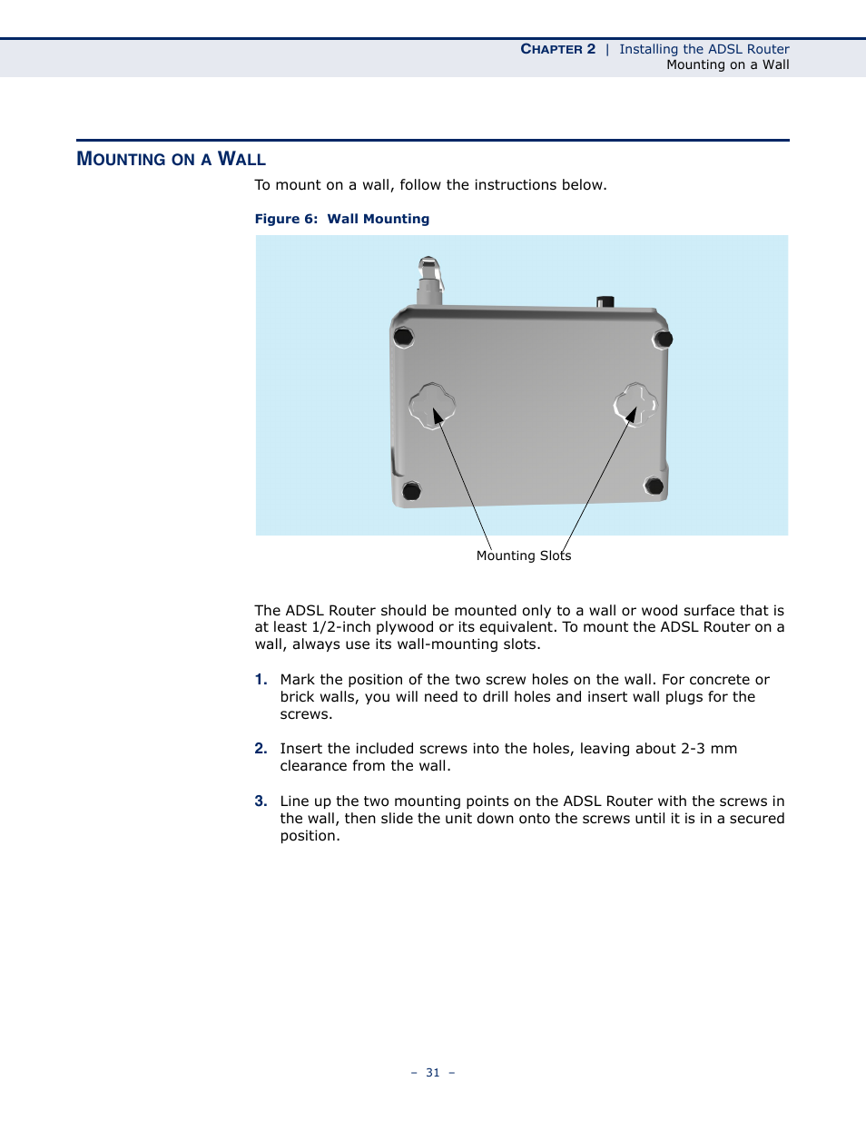 Mounting on a wall, Figure 6: wall mounting | SMC Networks BARRICADE SMC7901WBRA2 B1 User Manual | Page 31 / 150