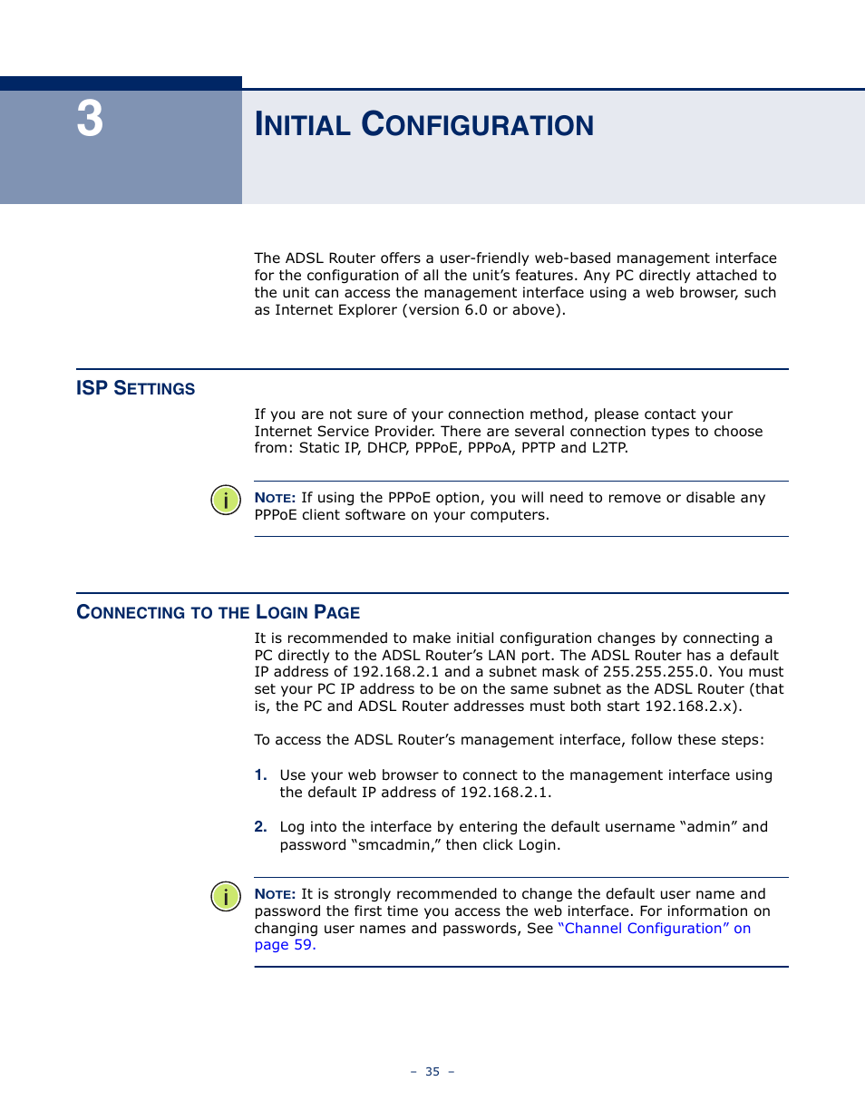 Initial configuration, Isp settings, Nitial | Onfiguration | SMC Networks BARRICADE SMC7901WBRA2 B1 User Manual | Page 35 / 150