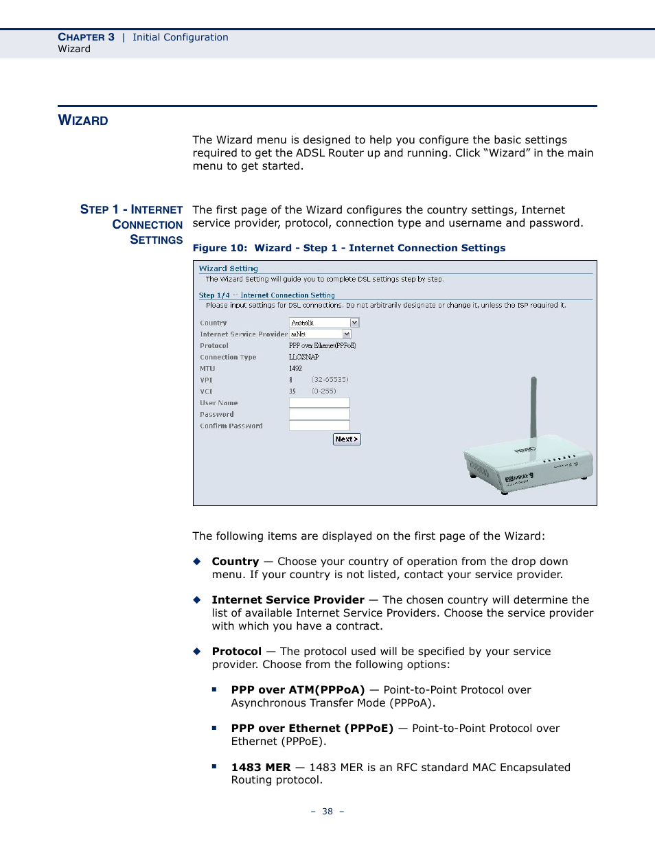 Wizard, Step 1 - internet connection settings | SMC Networks BARRICADE SMC7901WBRA2 B1 User Manual | Page 38 / 150