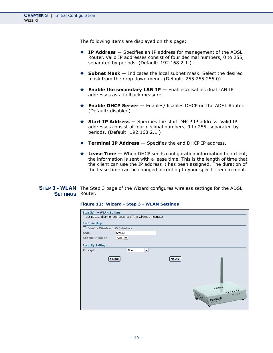 Step 3 - wlan settings, Figure 12: wizard - step 3 - wlan settings | SMC Networks BARRICADE SMC7901WBRA2 B1 User Manual | Page 40 / 150