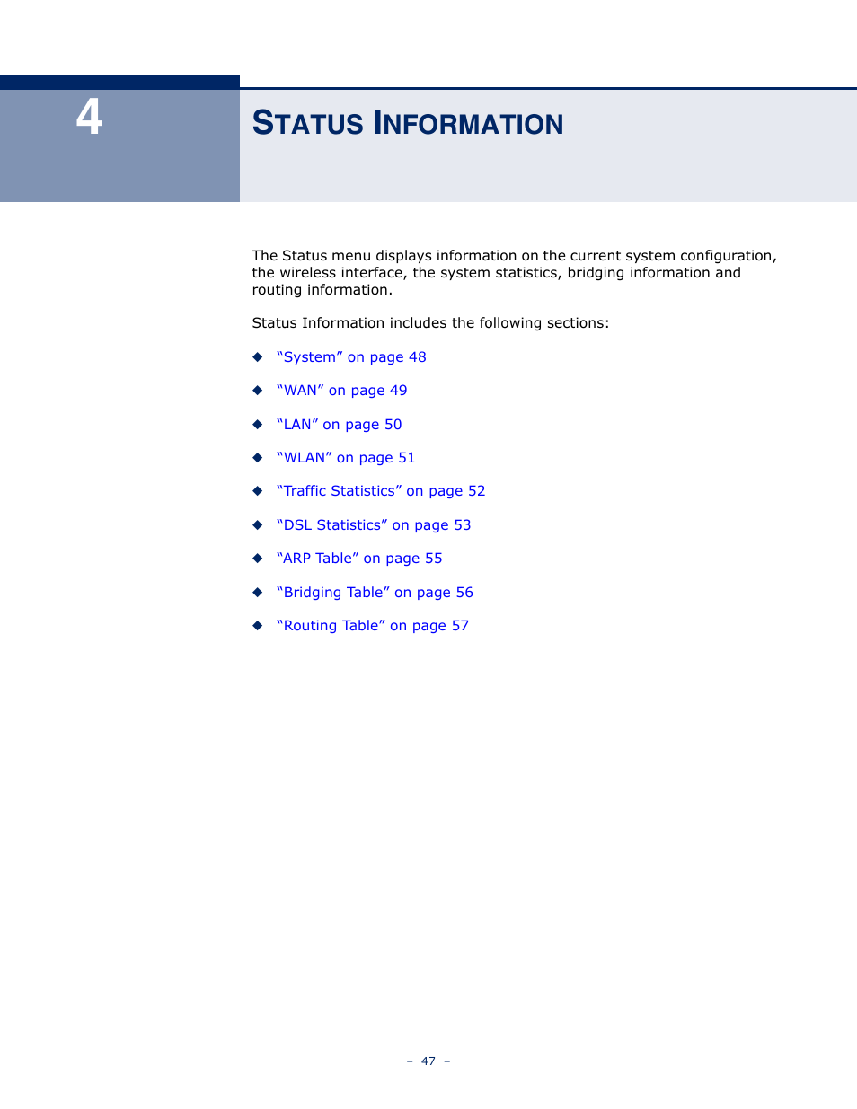 Status information, Tatus, Nformation | SMC Networks BARRICADE SMC7901WBRA2 B1 User Manual | Page 47 / 150