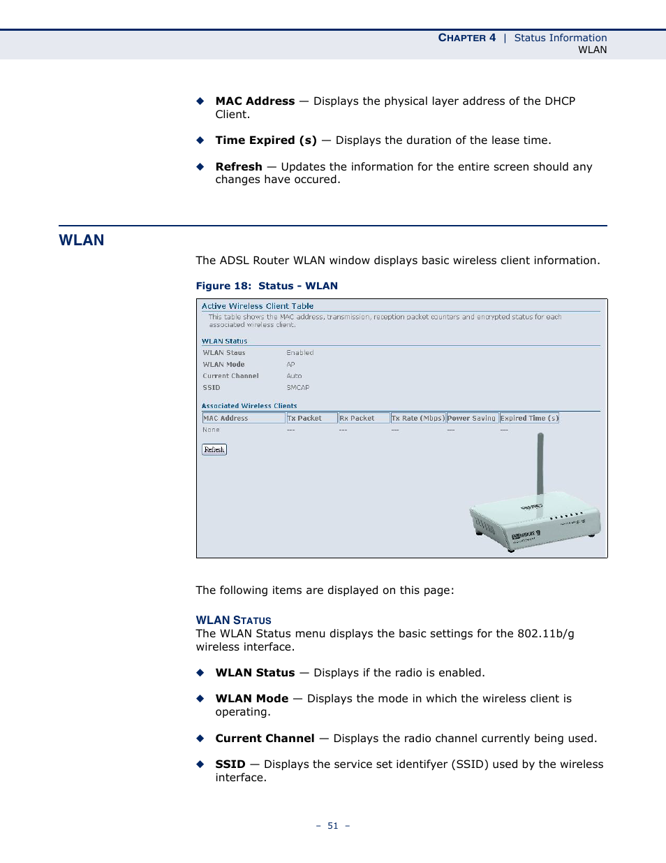 Wlan, Figure 18: status - wlan | SMC Networks BARRICADE SMC7901WBRA2 B1 User Manual | Page 51 / 150