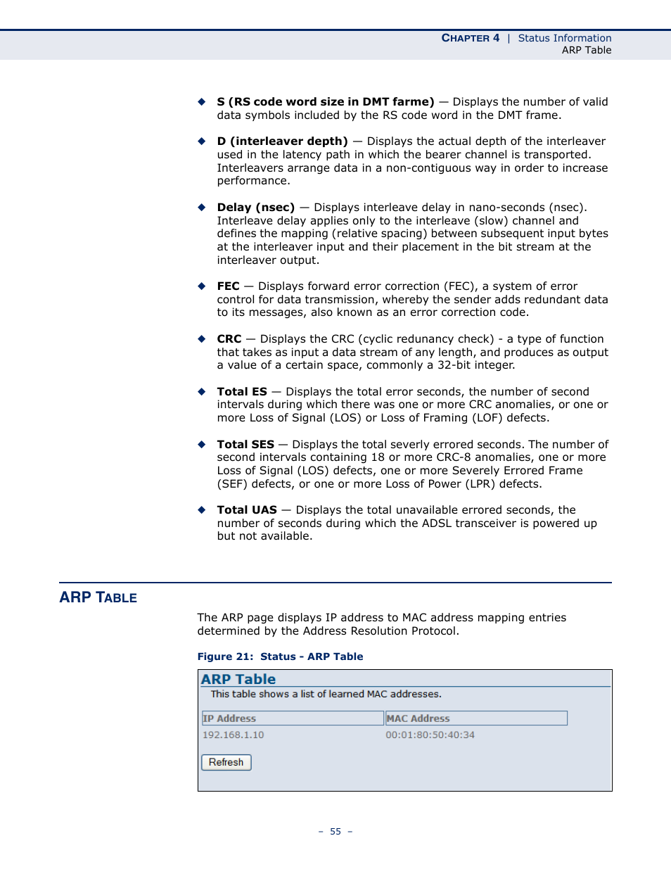 Arp table, Figure 21: status - arp table, Arp t | SMC Networks BARRICADE SMC7901WBRA2 B1 User Manual | Page 55 / 150