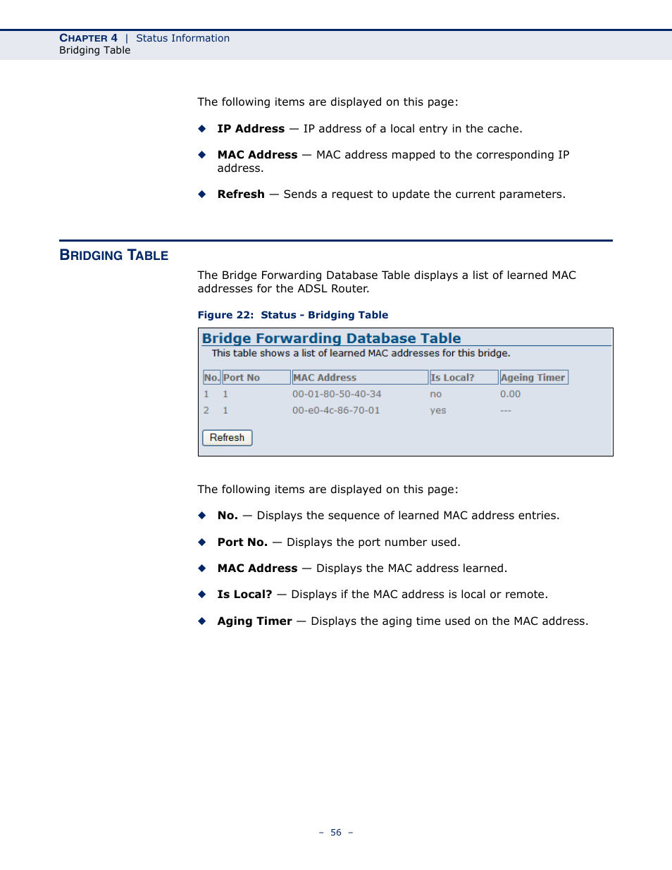 Bridging table, Figure 22: status - bridging table | SMC Networks BARRICADE SMC7901WBRA2 B1 User Manual | Page 56 / 150