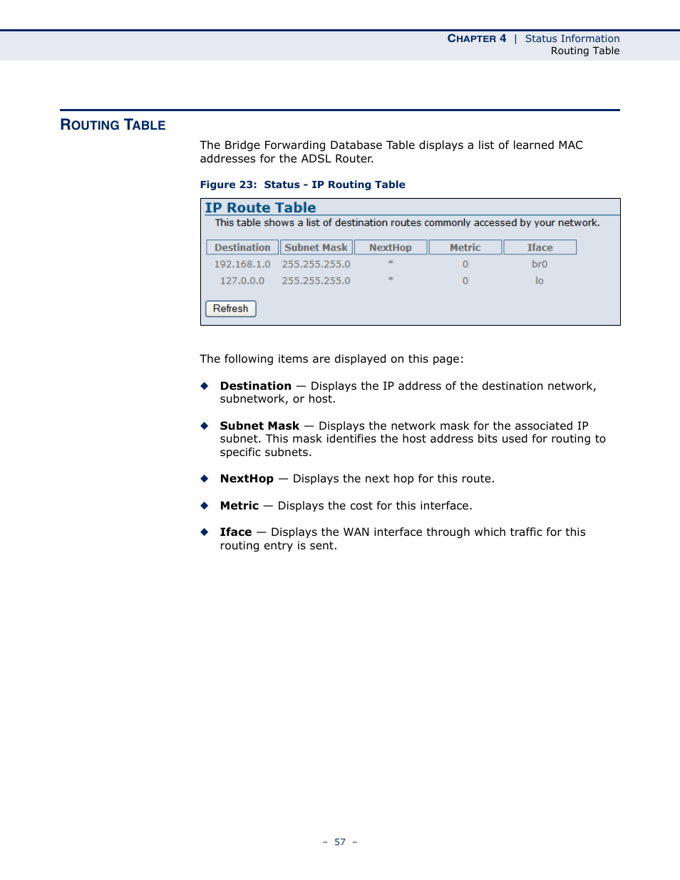 Routing table, Figure 23: status - ip routing table | SMC Networks BARRICADE SMC7901WBRA2 B1 User Manual | Page 57 / 150