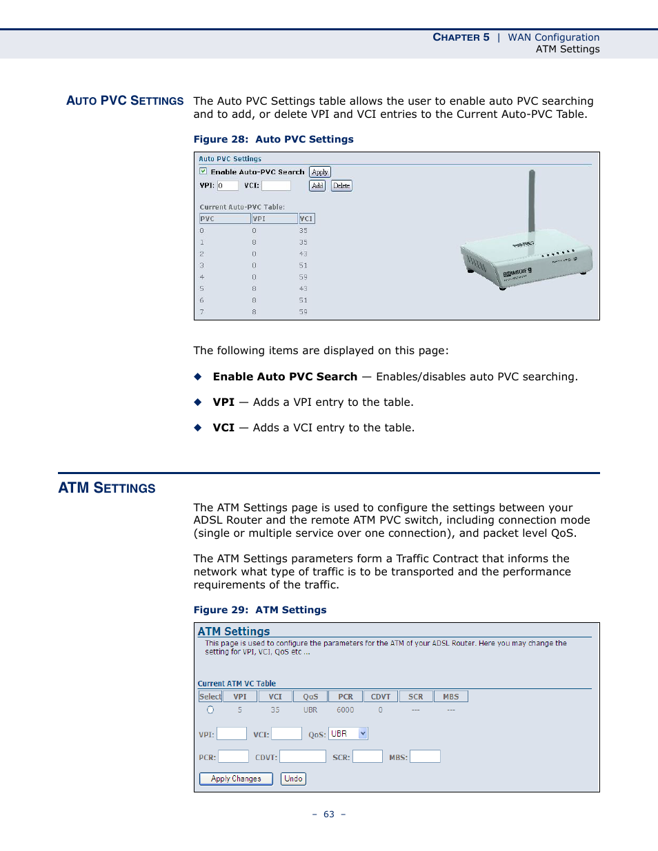 Auto pvc settings, Atm settings, Figure 28: auto pvc settings | Figure 29: atm settings, Atm s | SMC Networks BARRICADE SMC7901WBRA2 B1 User Manual | Page 63 / 150