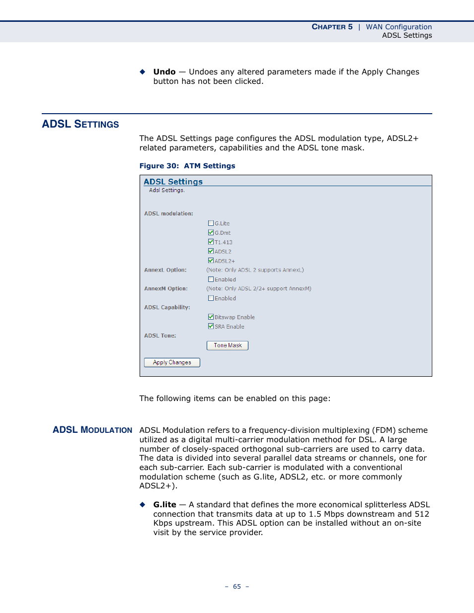 Adsl settings, Adsl modulation, Figure 30: atm settings | Adsl s | SMC Networks BARRICADE SMC7901WBRA2 B1 User Manual | Page 65 / 150