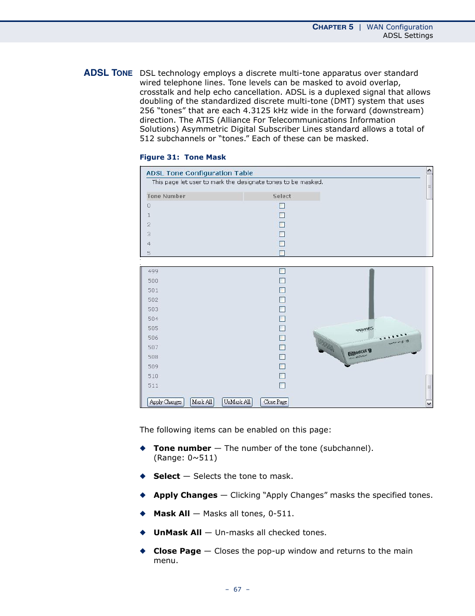 Adsl tone, Figure 31: tone mask, Adsl t | SMC Networks BARRICADE SMC7901WBRA2 B1 User Manual | Page 67 / 150