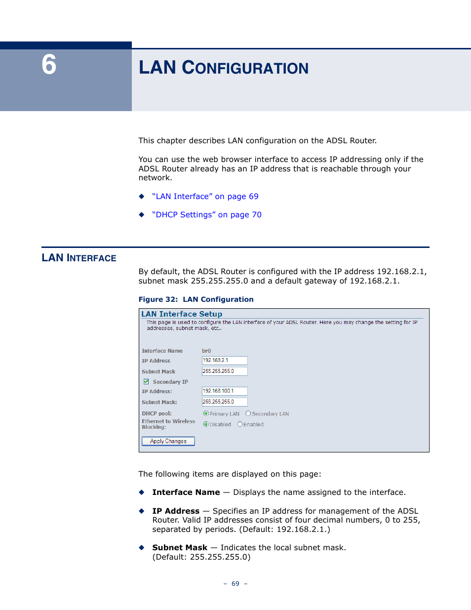 Lan configuration, Lan interface, 6 lan c | Onfiguration, Figure 32: lan configuration, Lan c | SMC Networks BARRICADE SMC7901WBRA2 B1 User Manual | Page 69 / 150