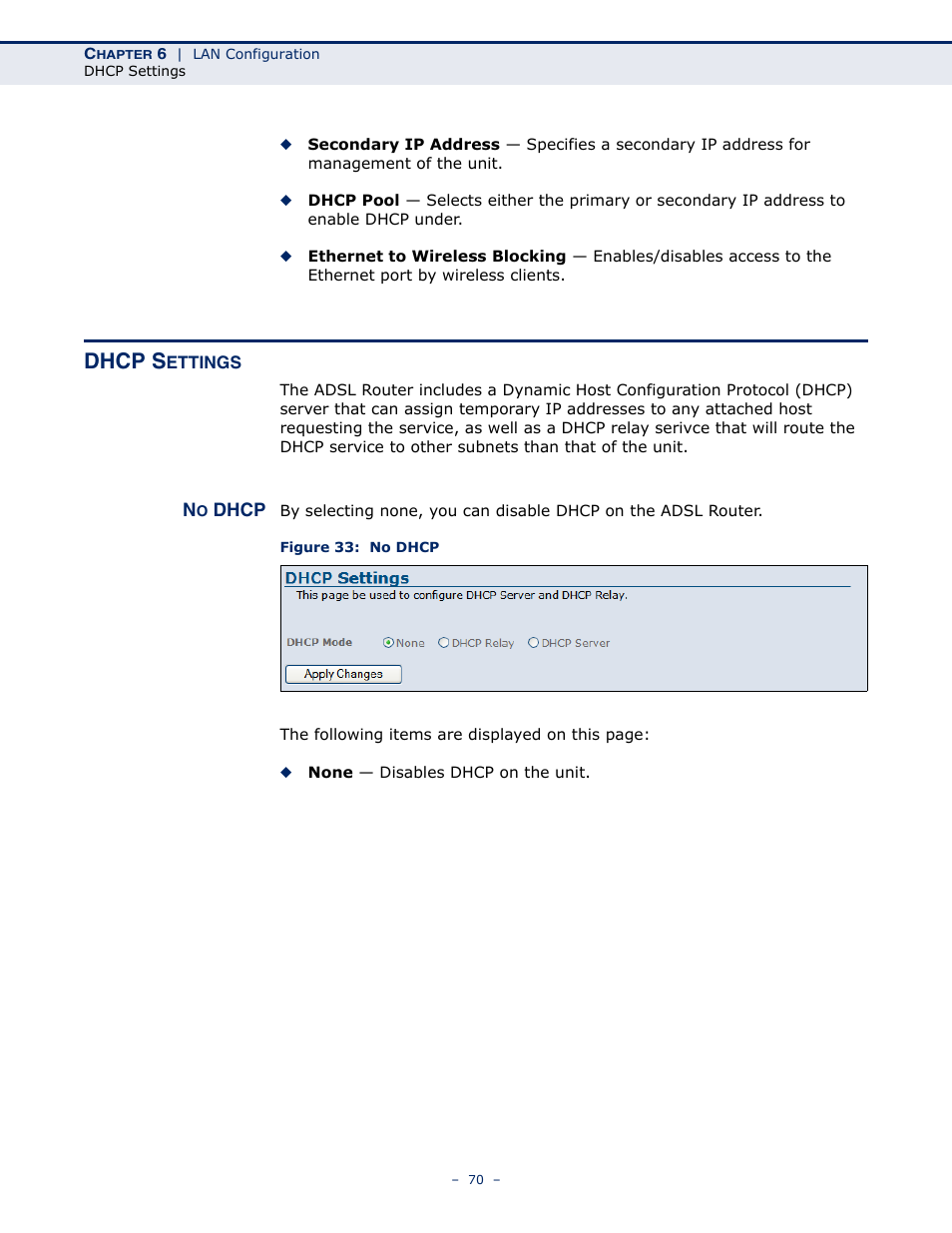 Dhcp settings, No dhcp, Figure 33: no dhcp | Dhcp s | SMC Networks BARRICADE SMC7901WBRA2 B1 User Manual | Page 70 / 150