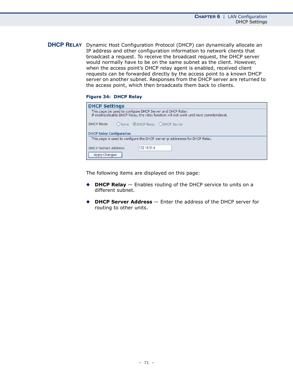 Dhcp relay, Figure 34: dhcp relay | SMC Networks BARRICADE SMC7901WBRA2 B1 User Manual | Page 71 / 150