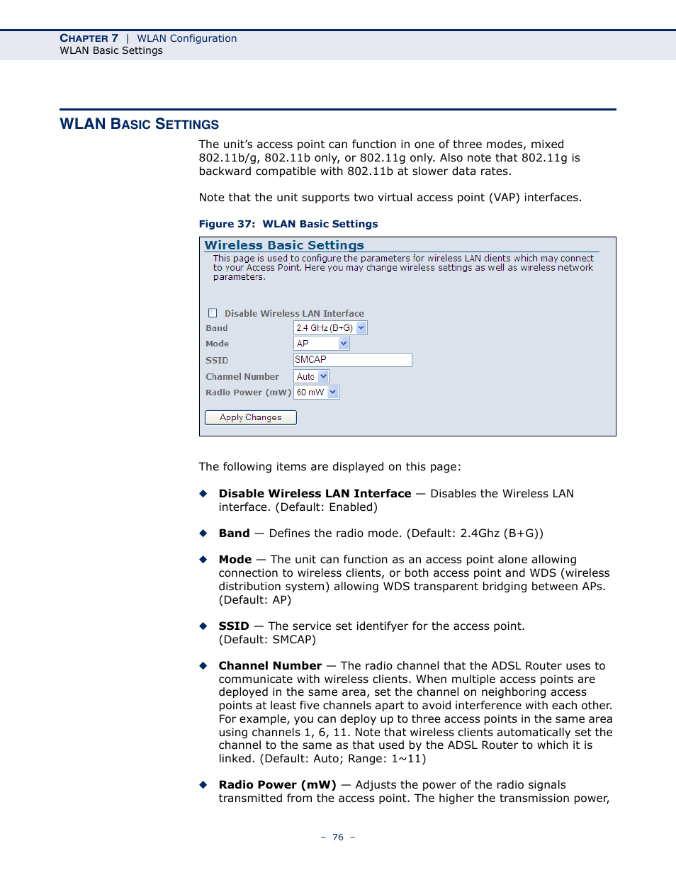 Wlan basic settings, Figure 37: wlan basic settings, Wlan b | SMC Networks BARRICADE SMC7901WBRA2 B1 User Manual | Page 76 / 150