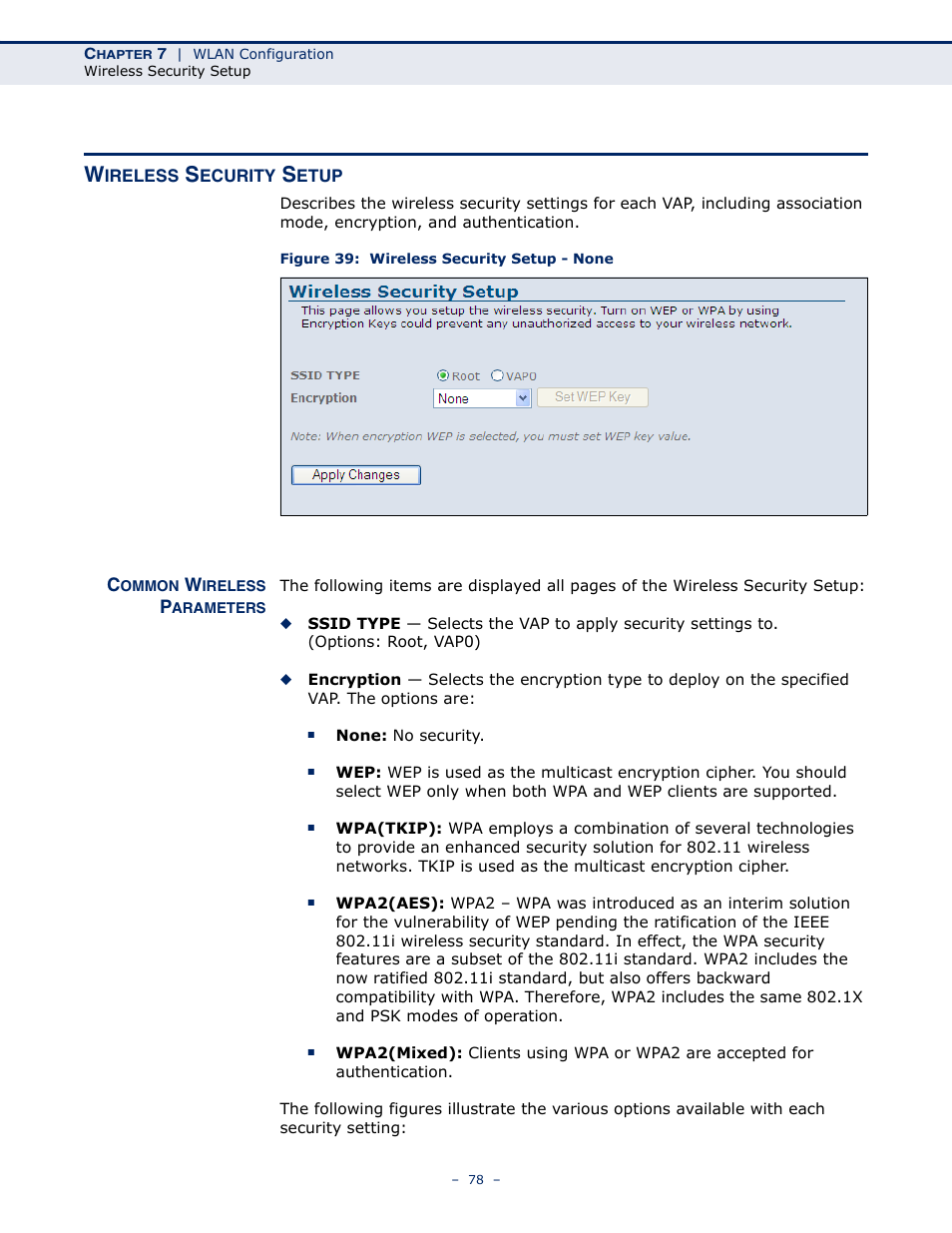 Wireless security setup, Common wireless parameters, Figure 39: wireless security setup - none | SMC Networks BARRICADE SMC7901WBRA2 B1 User Manual | Page 78 / 150