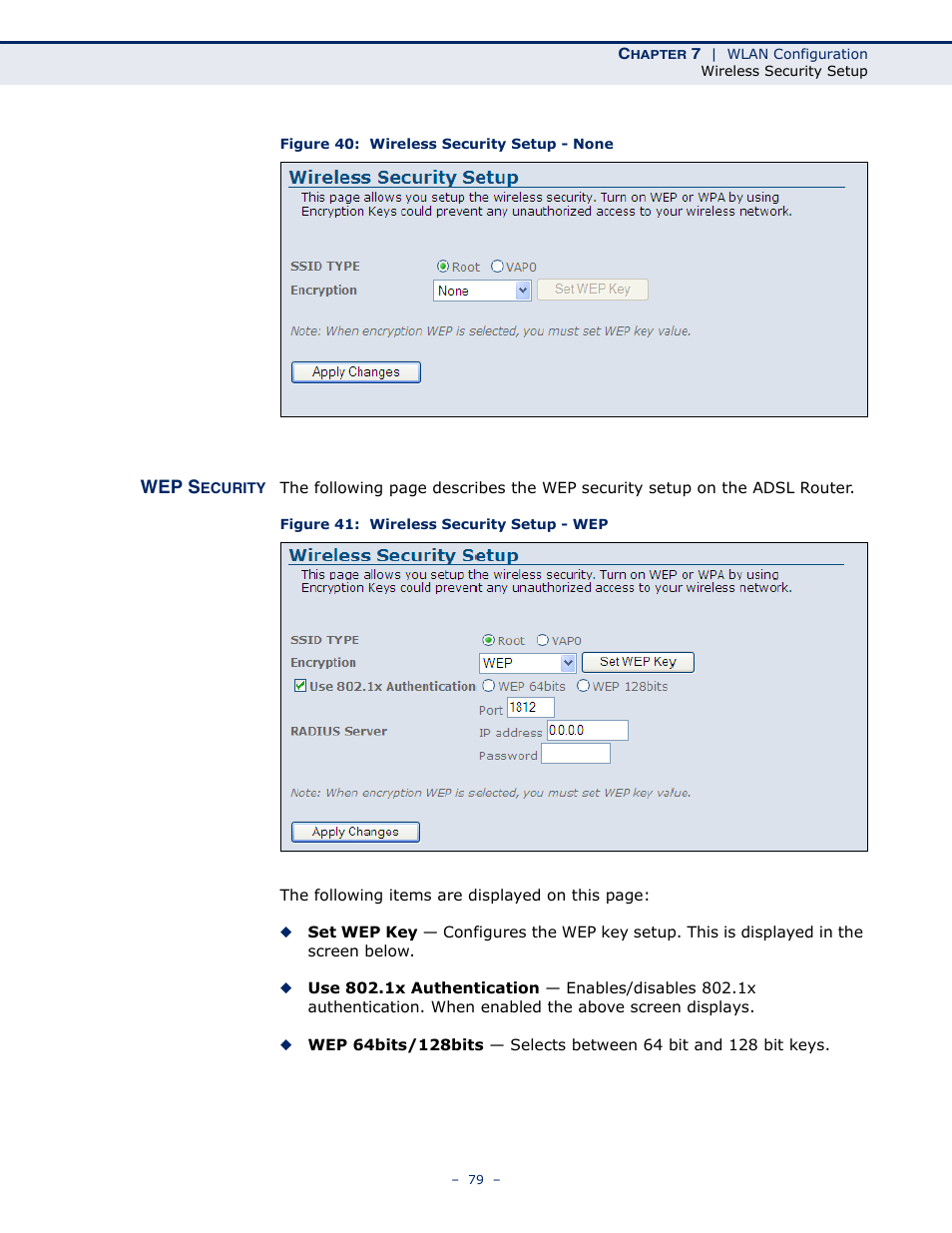 Wep security, Figure 40: wireless security setup - none, Figure 41: wireless security setup - wep | SMC Networks BARRICADE SMC7901WBRA2 B1 User Manual | Page 79 / 150