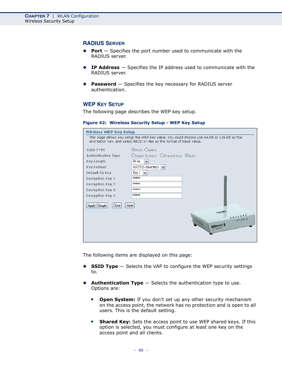 Figure 42: wireless security setup - wep key setup | SMC Networks BARRICADE SMC7901WBRA2 B1 User Manual | Page 80 / 150