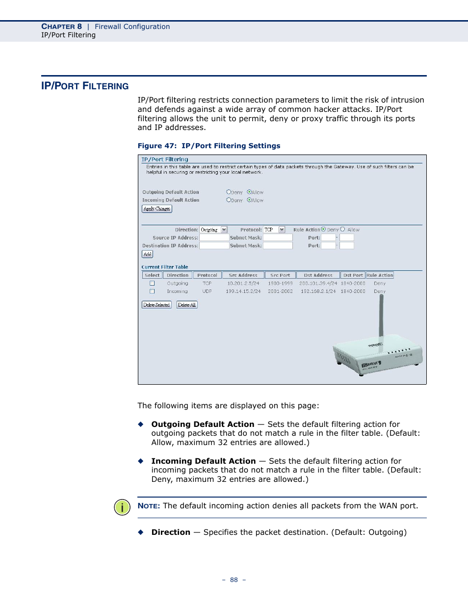 Ip/port filtering, Figure 47: ip/port filtering settings, Ip/p | SMC Networks BARRICADE SMC7901WBRA2 B1 User Manual | Page 88 / 150