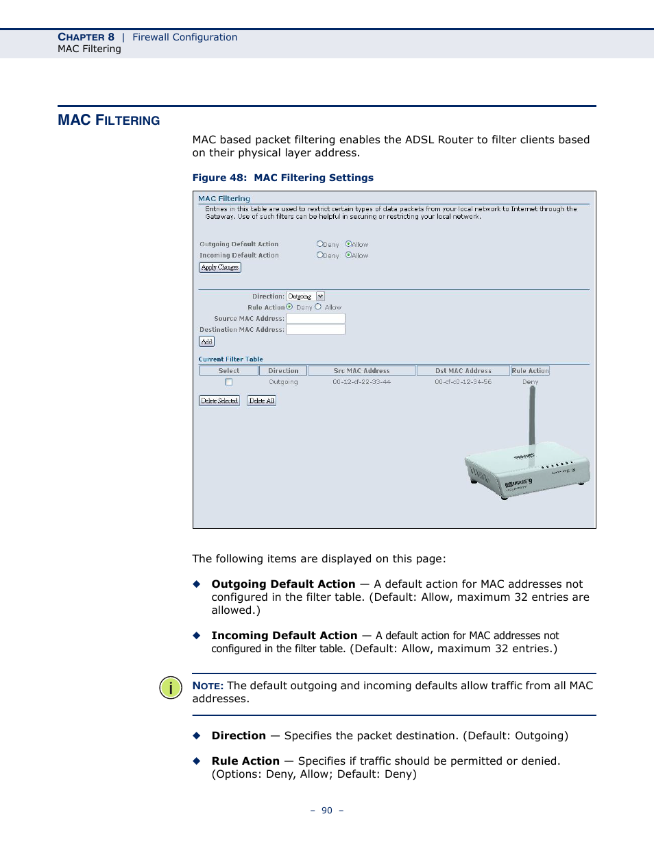 Mac filtering, Figure 48: mac filtering settings, Mac f | SMC Networks BARRICADE SMC7901WBRA2 B1 User Manual | Page 90 / 150