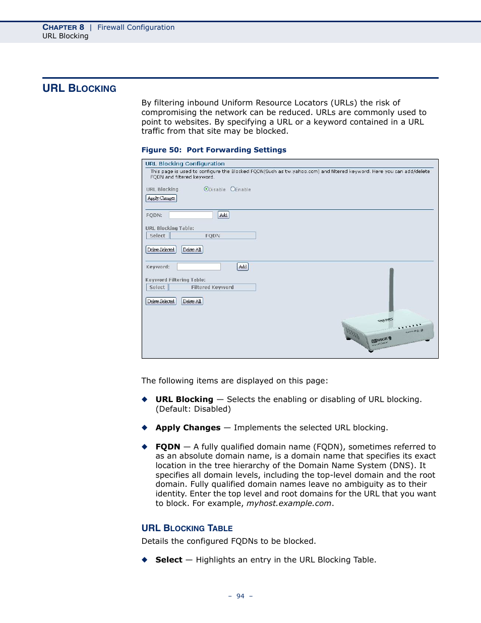 Url blocking, Figure 50: port forwarding settings, Url b | SMC Networks BARRICADE SMC7901WBRA2 B1 User Manual | Page 94 / 150