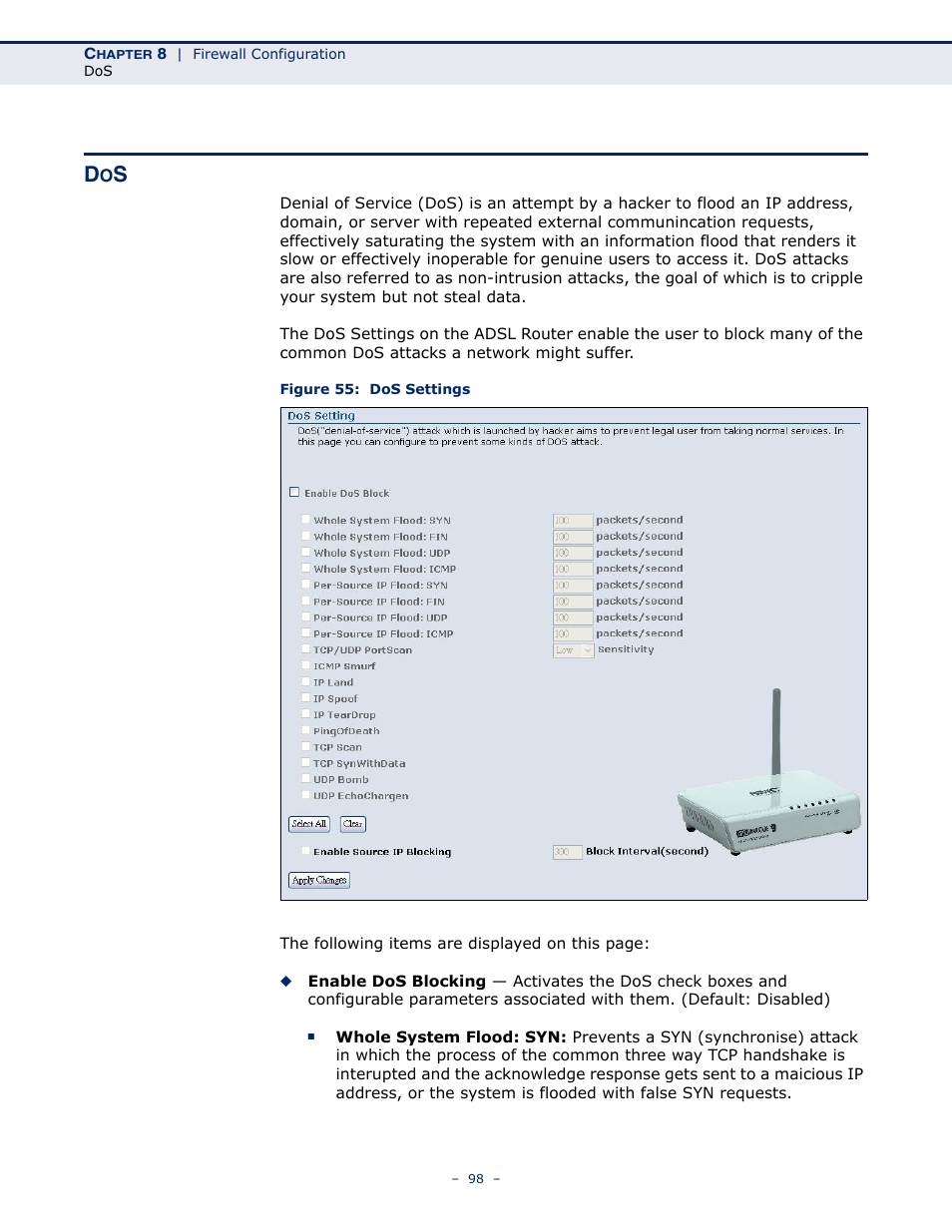 Figure 55: dos settings | SMC Networks BARRICADE SMC7901WBRA2 B1 User Manual | Page 98 / 150