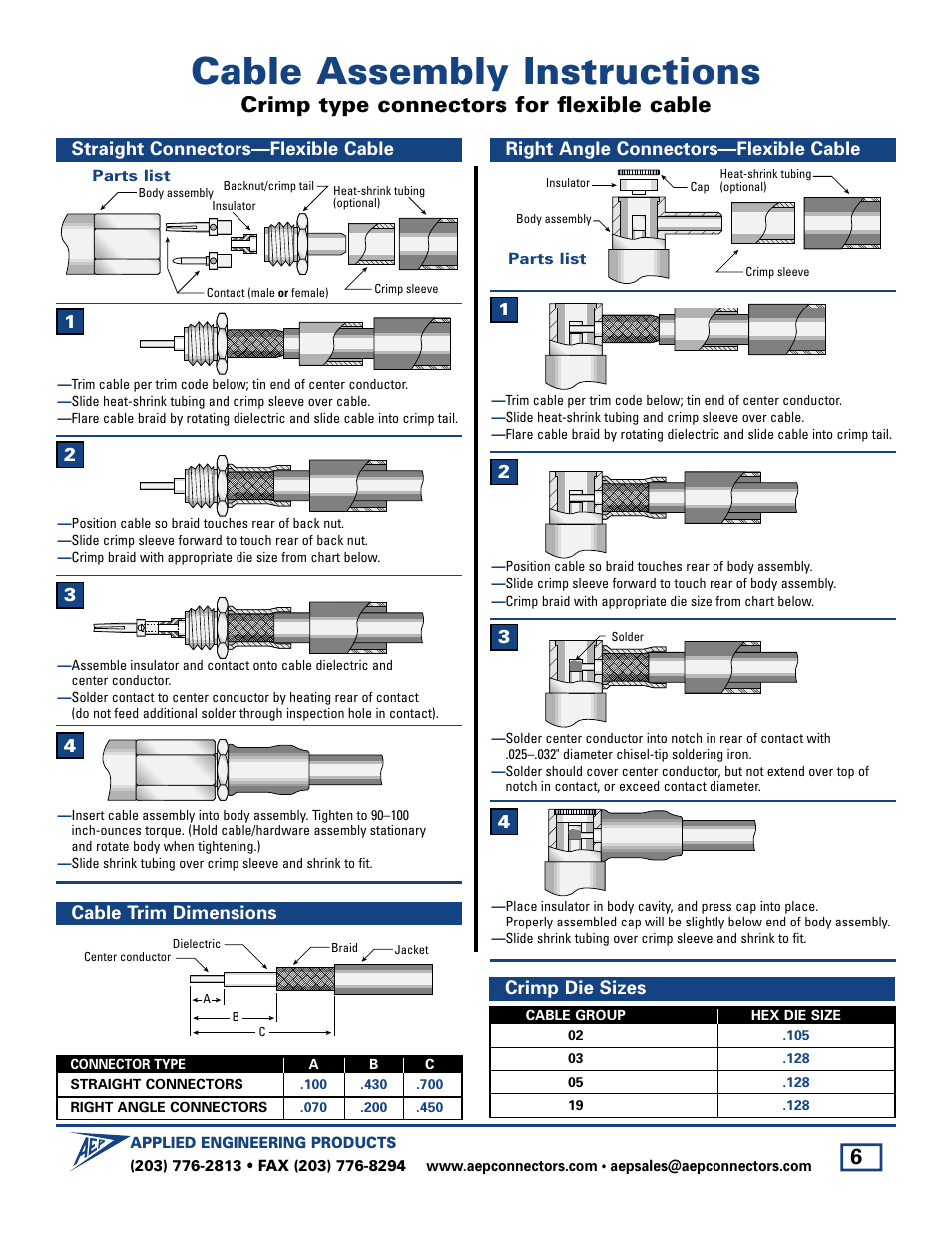 Crimp type connectors for flexible cable, Cable assembly instructions, Crimp die sizes | SMC Networks Cable User Manual | Page 6 / 8