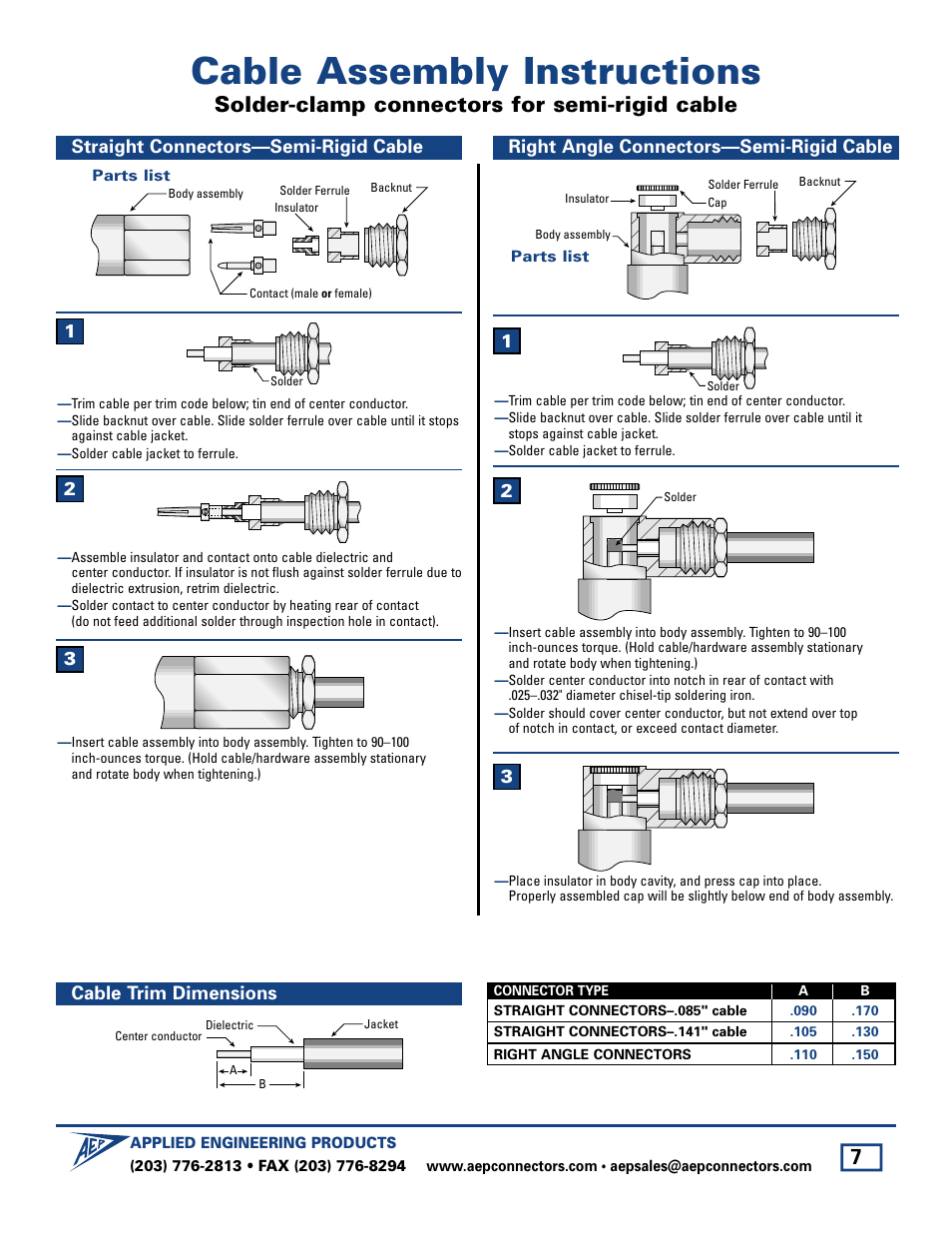 Solder-clamp connectors for semi-rigid cable, Cable assembly instructions | SMC Networks Cable User Manual | Page 7 / 8