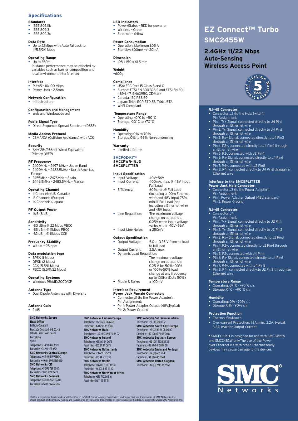 Ez connect™ turbo, Smc2455w, Specifications | SMC Networks SMC EZ Connect Turbo SMC2455W User Manual | Page 2 / 2