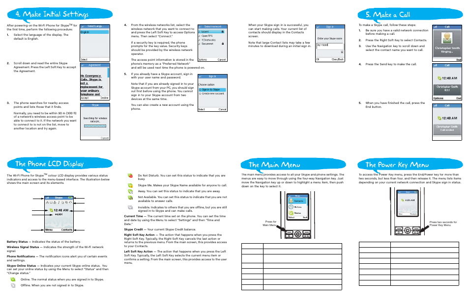 You can also create a new account using the phone, Press the right soft key to select contacts, Press the send key to make the call | The main menu the power key menu | SMC Networks WI-FI PHONE FOR SKYPETM WSKP100 User Manual | Page 2 / 2