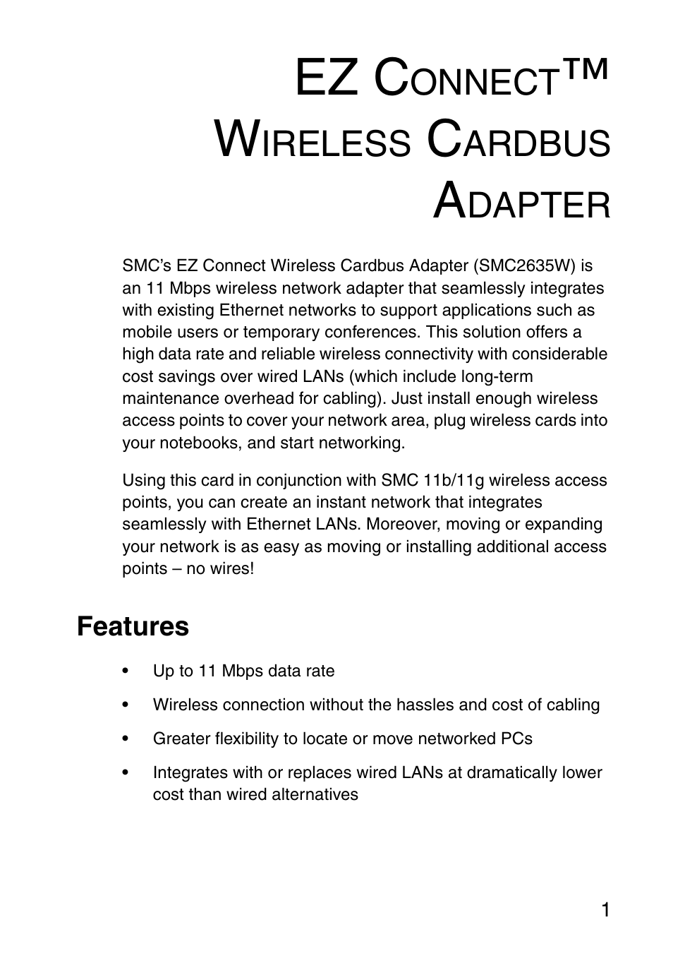 Ez connect™ wireless cardbus adapter, Features, Ez c | Onnect, Ireless, Ardbus, Dapter | SMC Networks SMC EZ Connect SMC2635W User Manual | Page 11 / 40