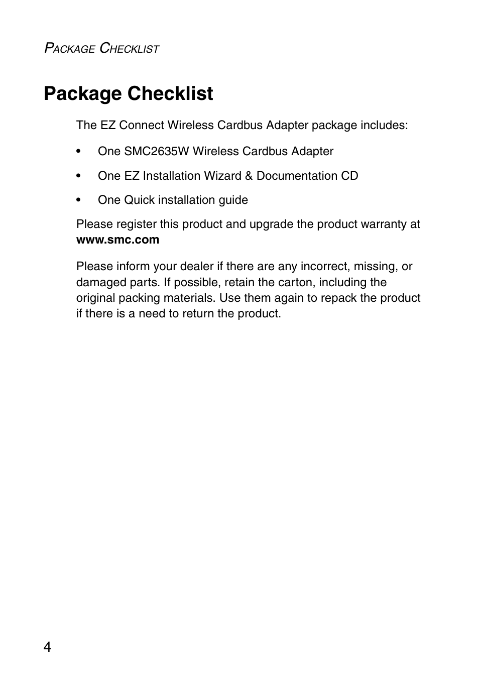 Package checklist | SMC Networks SMC EZ Connect SMC2635W User Manual | Page 14 / 40