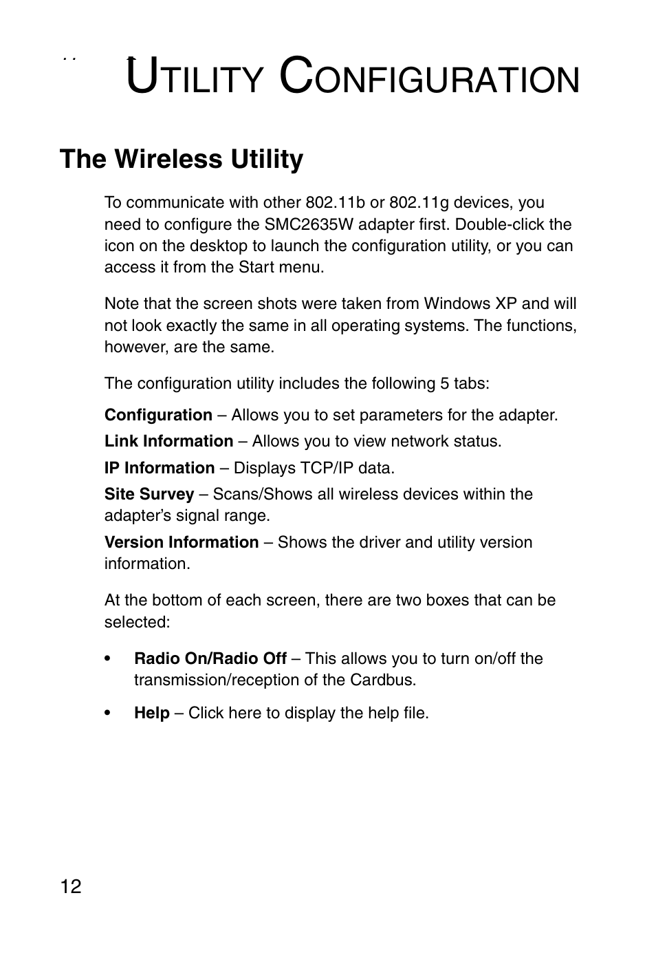 Utility configuration, The wireless utility, Tility | Onfiguration | SMC Networks SMC EZ Connect SMC2635W User Manual | Page 22 / 40