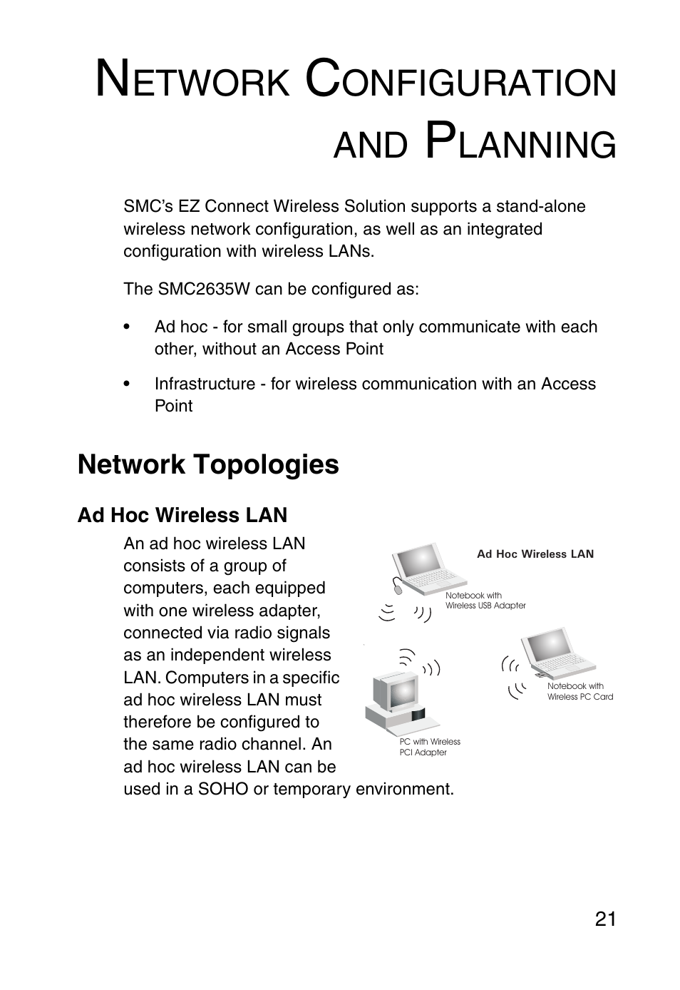 Network configuration and planning, Network topologies, Ad hoc wireless lan | Etwork, Onfiguration and, Lanning | SMC Networks SMC EZ Connect SMC2635W User Manual | Page 31 / 40