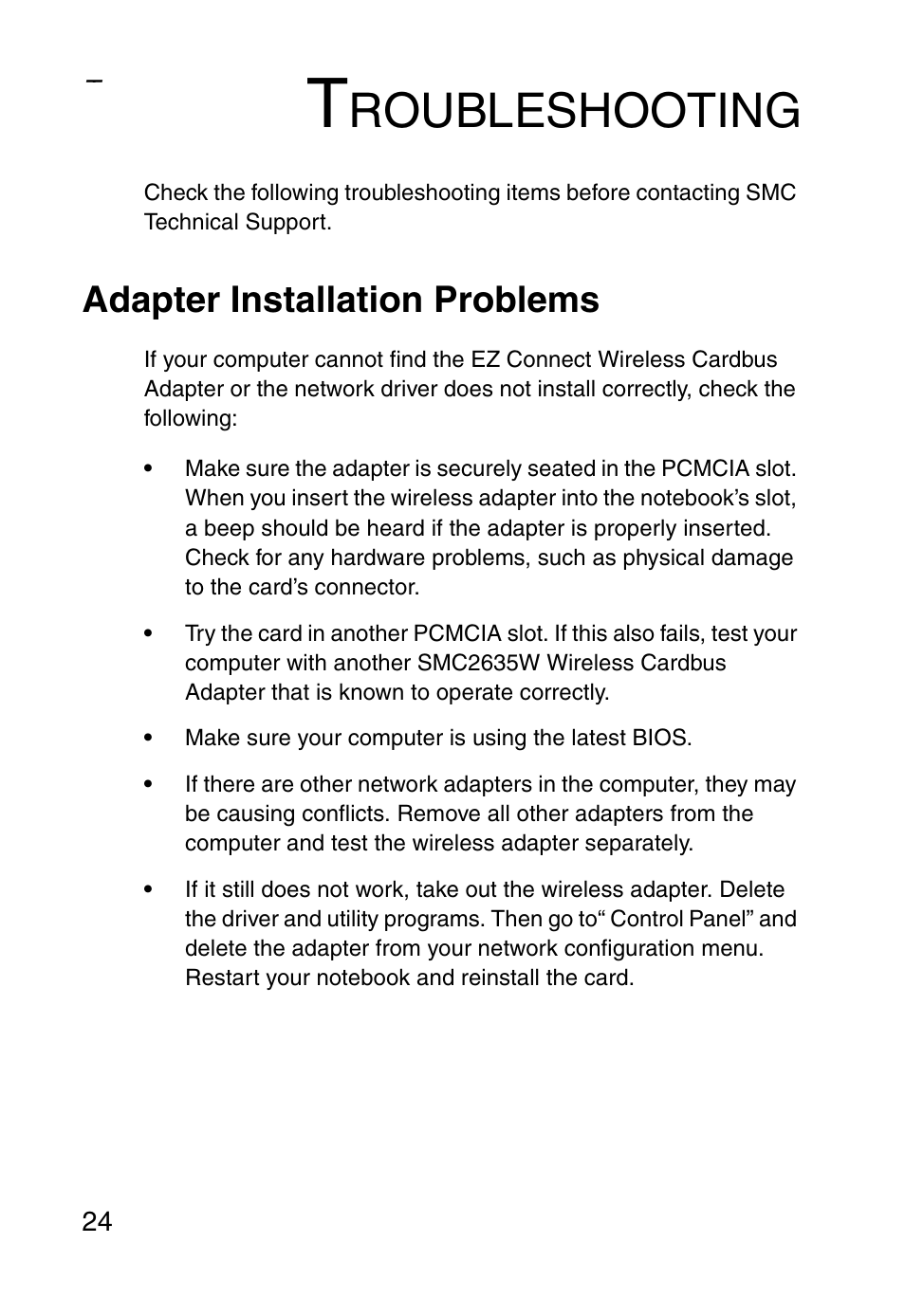 Troubleshooting, Adapter installation problems, Roubleshooting | SMC Networks SMC EZ Connect SMC2635W User Manual | Page 34 / 40