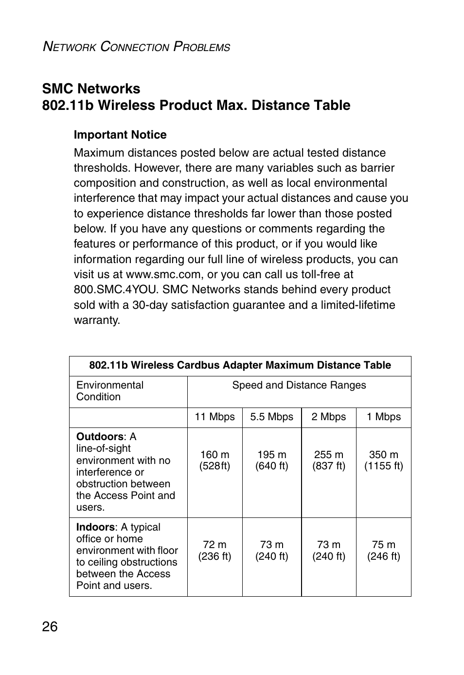 Smc networks, 11b wireless product max. distance table | SMC Networks SMC EZ Connect SMC2635W User Manual | Page 36 / 40