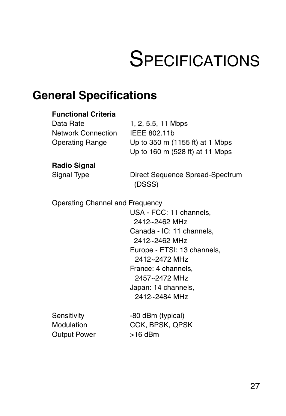 Specifications, General specifications, Pecifications | SMC Networks SMC EZ Connect SMC2635W User Manual | Page 37 / 40