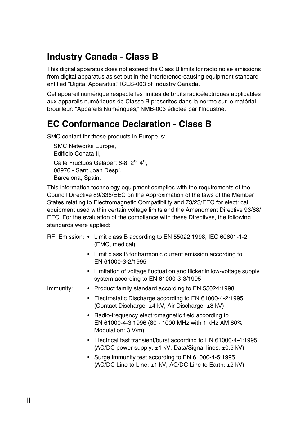 Ii industry canada - class b, Ec conformance declaration - class b | SMC Networks SMC EZ Connect SMC2635W User Manual | Page 6 / 40
