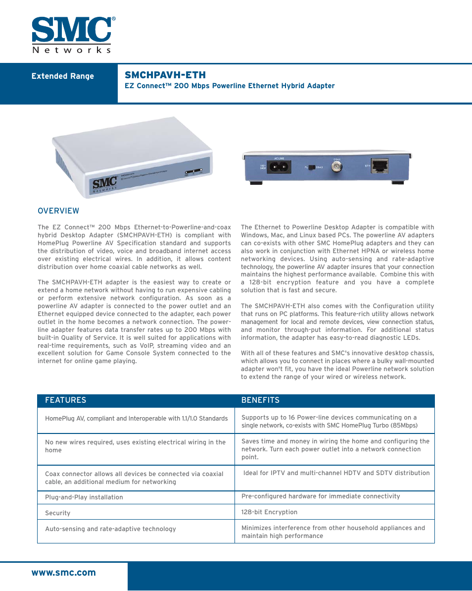 SMC Networks EZ Connect SMCHPAVH-ETH User Manual | 2 pages