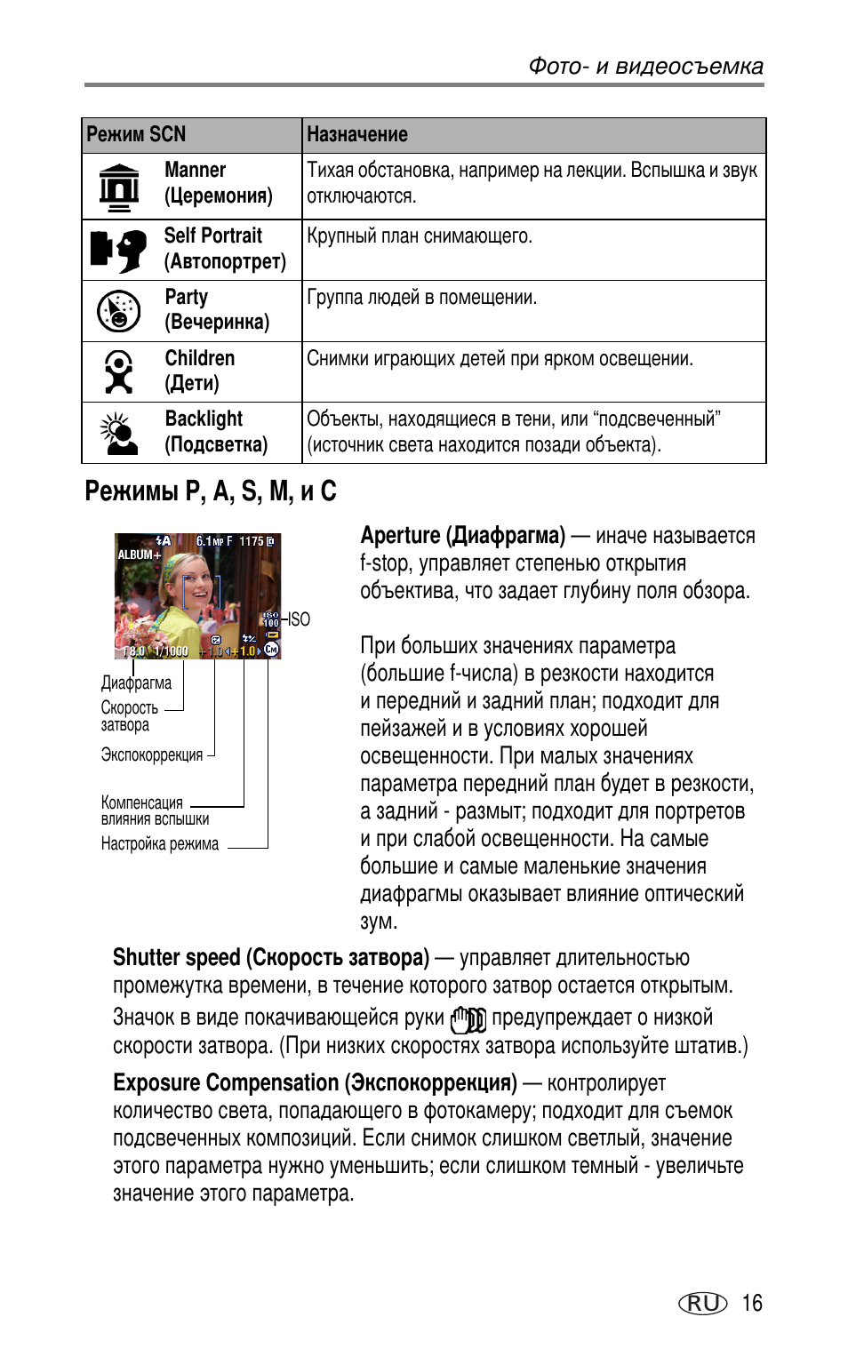 Режимы p, a, s, m, и c, P, a, s, m, c | Kodak DX7630 User Manual | Page 23 / 81