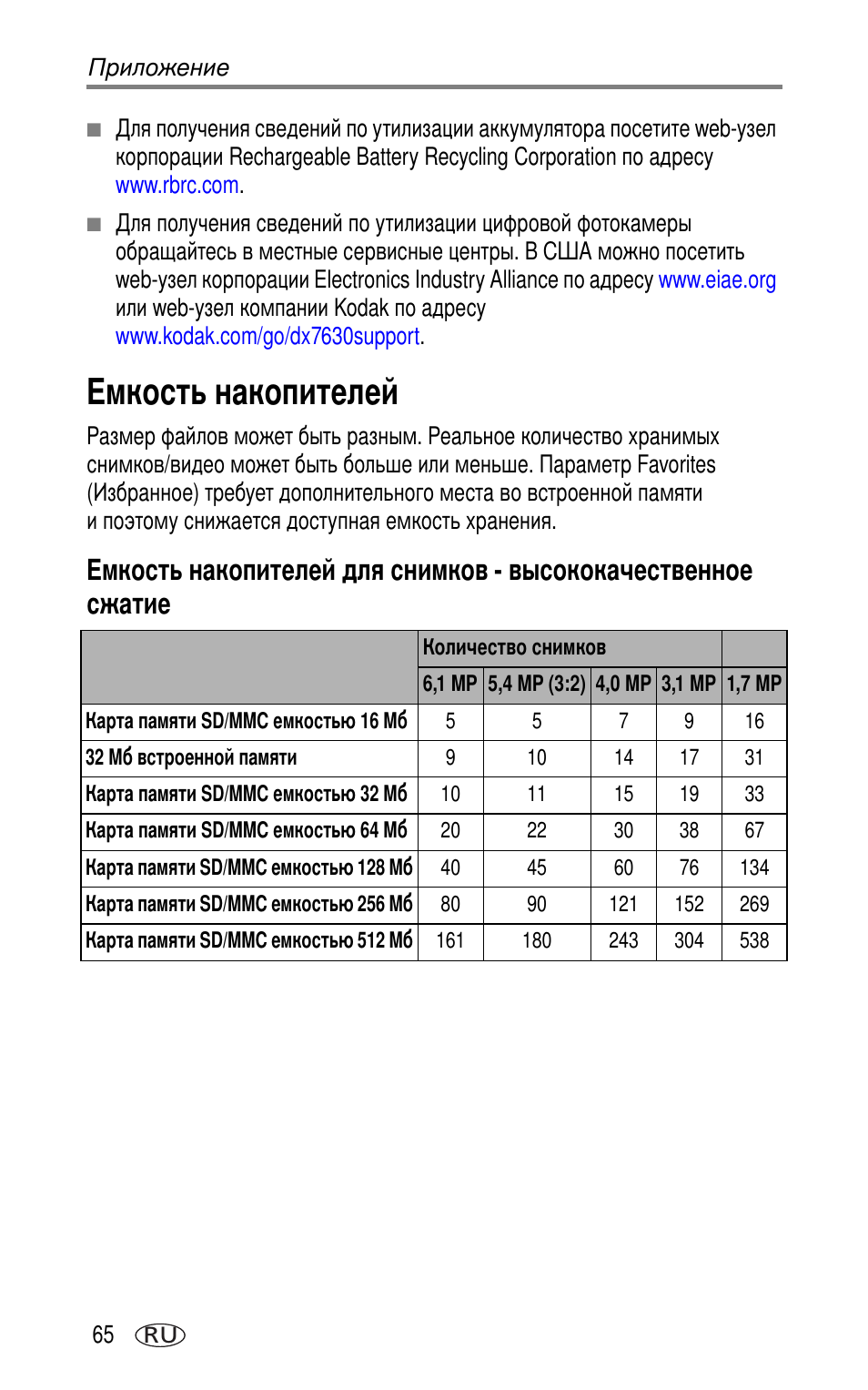 Емкость накопителей | Kodak DX7630 User Manual | Page 72 / 81