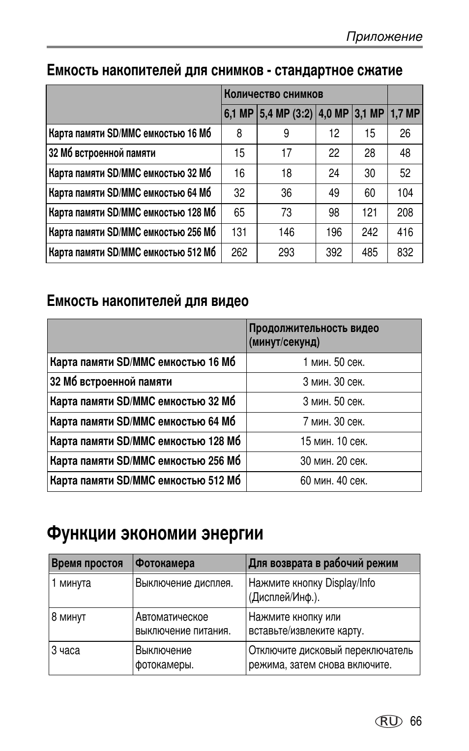 Емкость накопителей для видео, Функции экономии энергии | Kodak DX7630 User Manual | Page 73 / 81