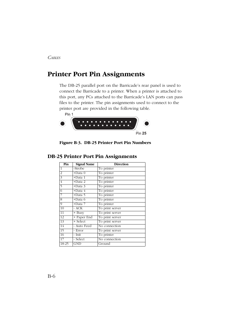 Printer port pin assignments, Db-25 printer port pin assignments | SMC Networks Barricade SMC7004ABR User Manual | Page 104 / 112