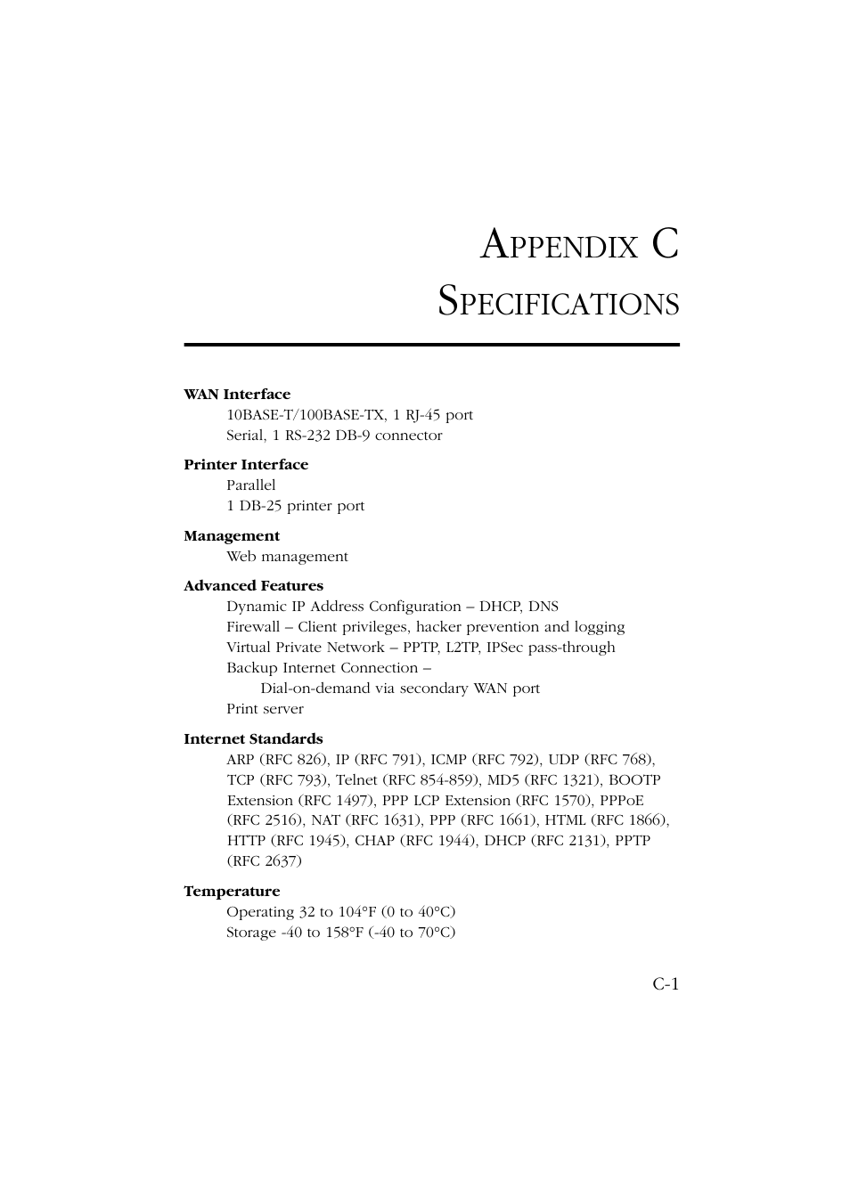 Appendix c specifications, Ppendix, Pecifications | SMC Networks Barricade SMC7004ABR User Manual | Page 105 / 112