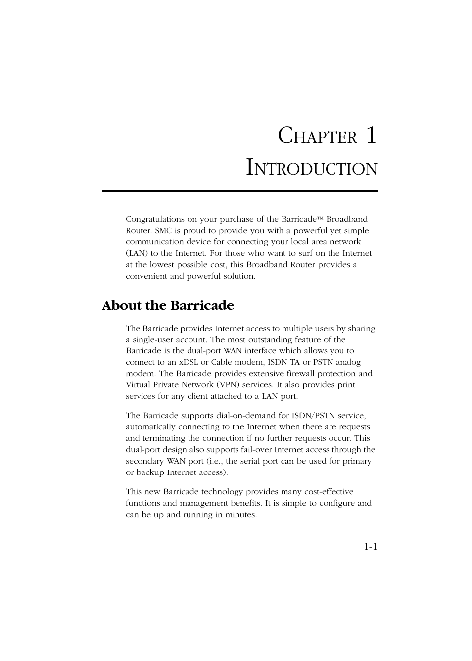 Chapter 1 introduction, About the barricade, Introduction -1 | About the barricade -1, Hapter, Ntroduction | SMC Networks Barricade SMC7004ABR User Manual | Page 15 / 112