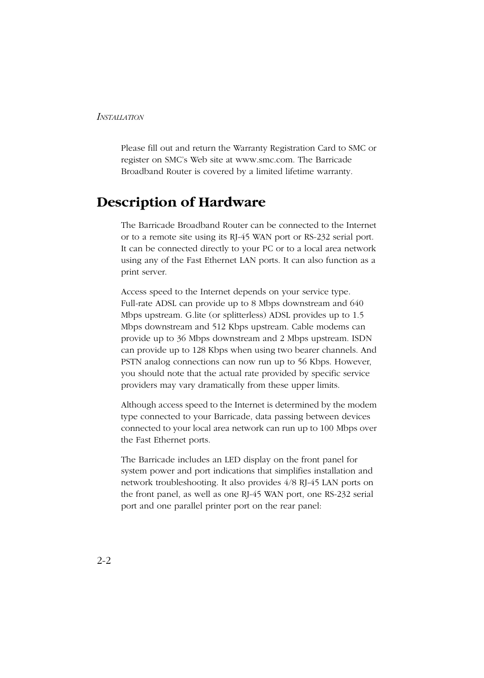 Description of hardware, Description of hardware -2 | SMC Networks Barricade SMC7004ABR User Manual | Page 22 / 112