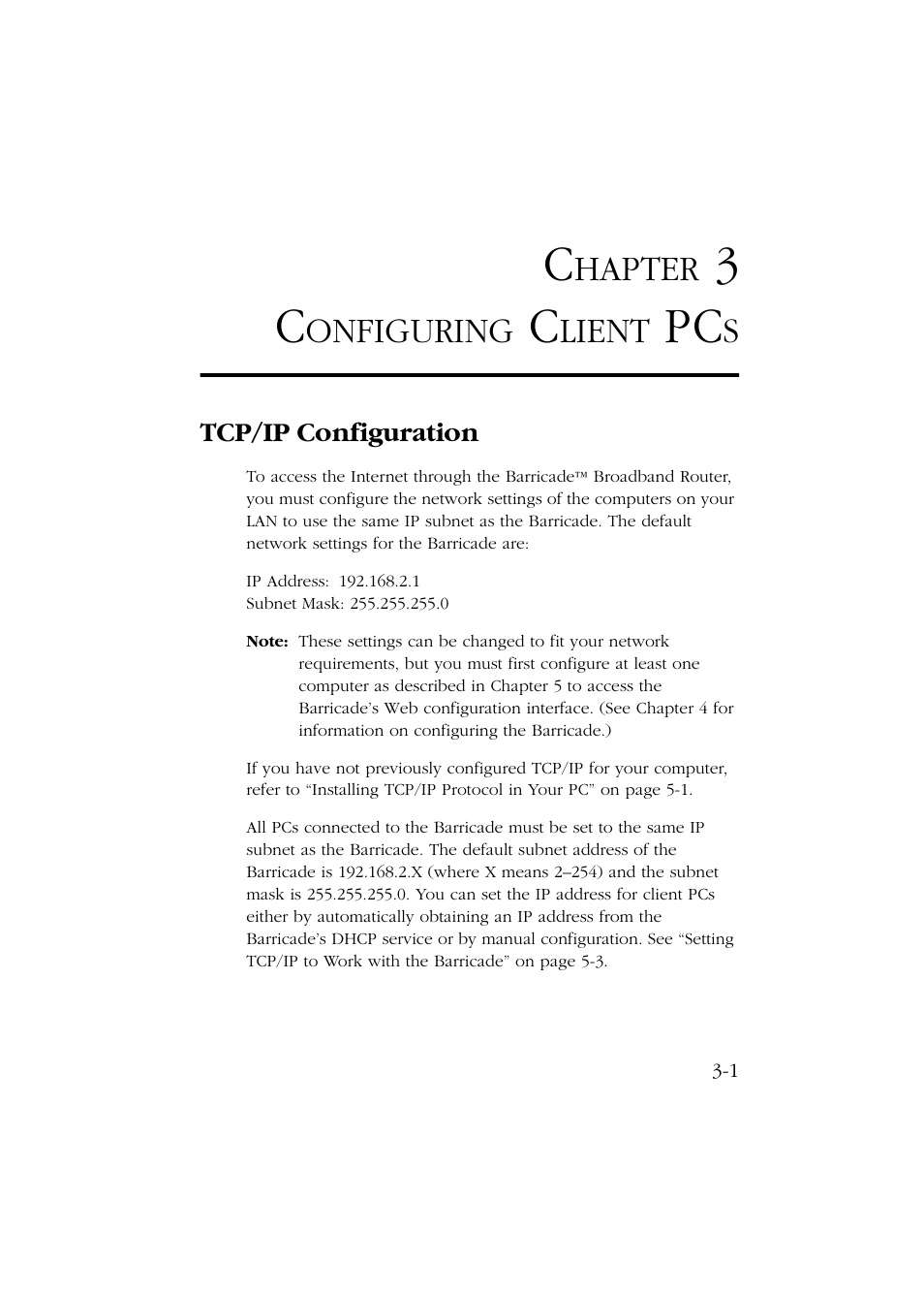 Chapter 3 configuring client pcs, Tcp/ip configuration, Configuring client pcs -1 | Tcp/ip configuration -1, Hapter, Onfiguring, Lient | SMC Networks Barricade SMC7004ABR User Manual | Page 31 / 112