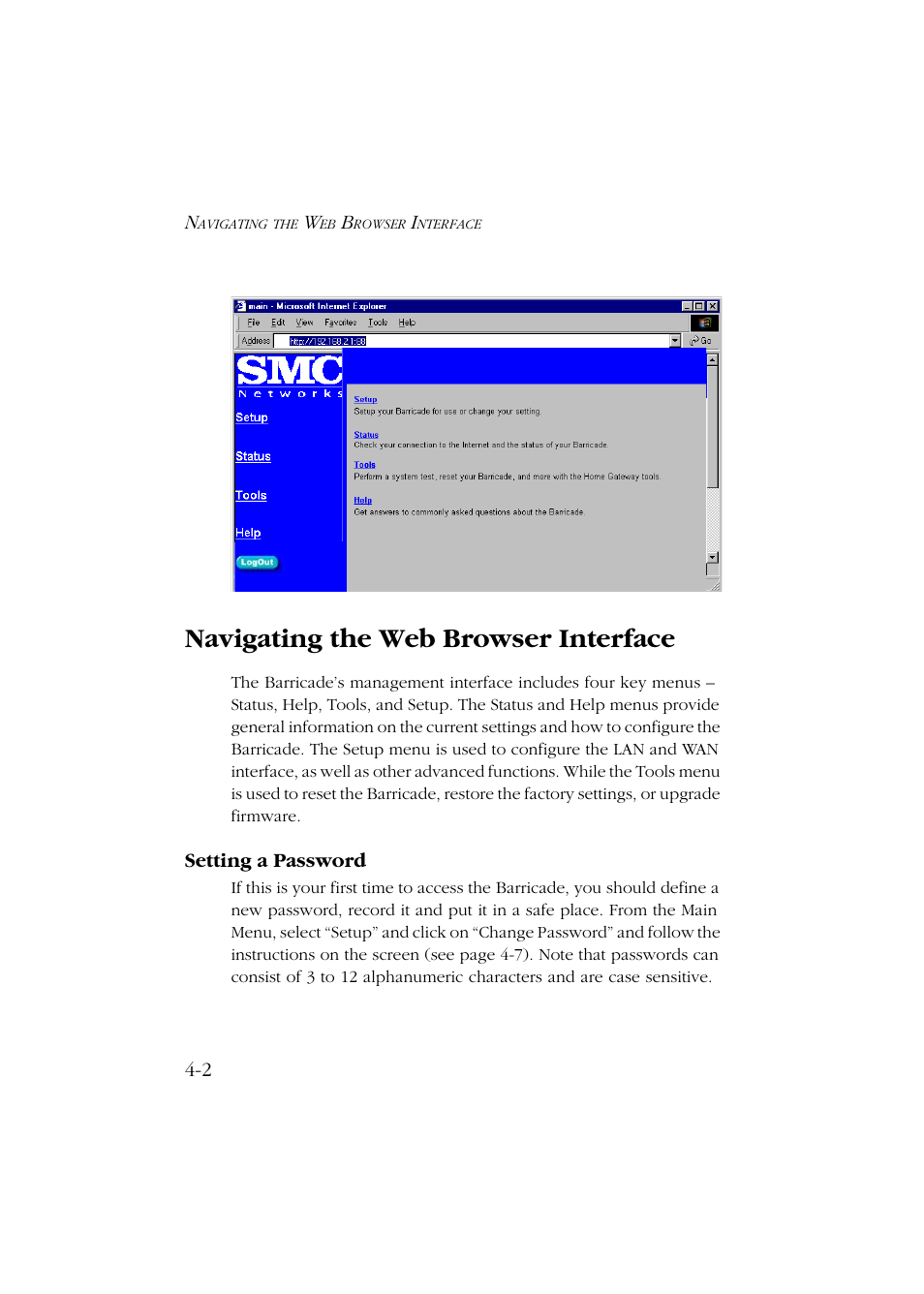 Navigating the web browser interface, Setting a password, Navigating the web browser interface -2 | Setting a password -2 | SMC Networks Barricade SMC7004ABR User Manual | Page 34 / 112