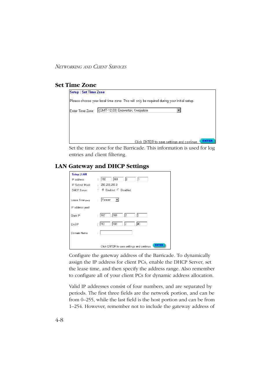 Set time zone, Lan gateway and dhcp settings, Set time zone -8 lan gateway and dhcp settings -8 | SMC Networks Barricade SMC7004ABR User Manual | Page 40 / 112