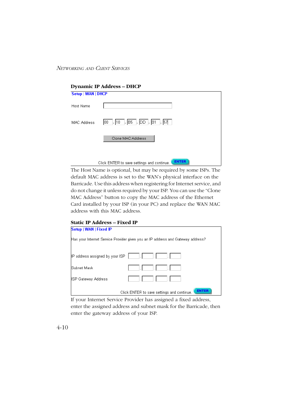 Dynamic ip address – dhcp, Static ip address – fixed ip, Dynamic ip address – dhcp -10 | Static ip address – fixed ip -10 | SMC Networks Barricade SMC7004ABR User Manual | Page 42 / 112