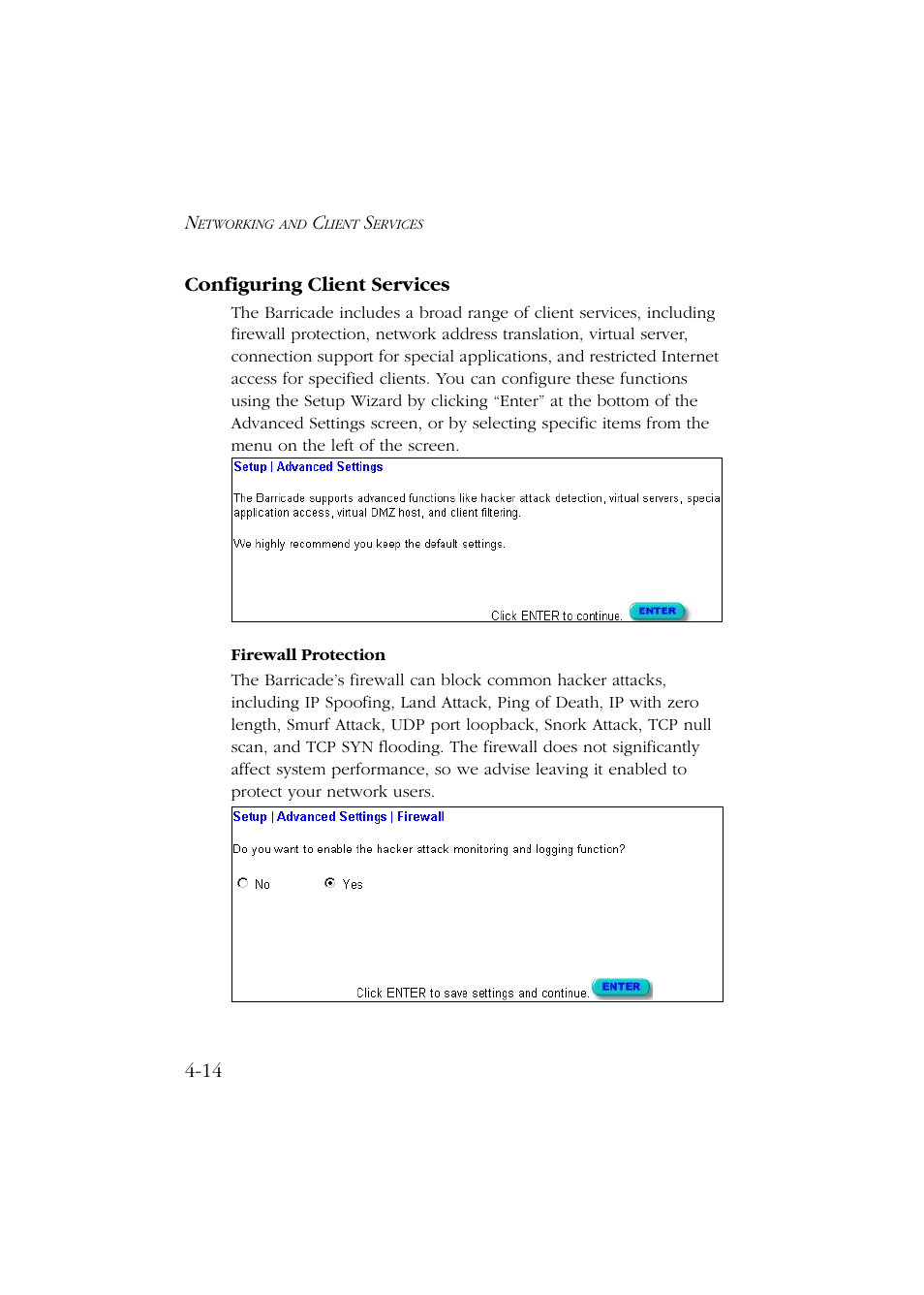 Configuring client services, Firewall protection, Configuring client services -14 | Firewall protection -14 | SMC Networks Barricade SMC7004ABR User Manual | Page 46 / 112